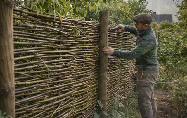 Person befestigt geflochtene Weidenruten an stabilen Holzpfosten im Garten; Thema Mediterraner Garten, Schwerpunkt Hanglage; Umsetzung.