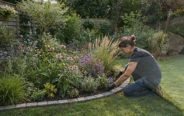 Person pflegt die klare Kante eines geschwungenen blühenden Staudenbeets; Thema Mediterraner Garten, Schwerpunkt Hanglage; Ergebnis.