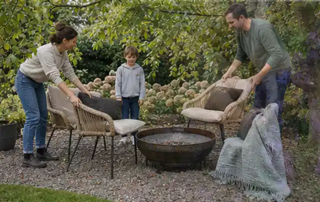 Familie stellt wetterfeste Sessel an einem geschützten Sitzplatz im Garten auf; Thema Mediterraner Garten, Schwerpunkt Hanglage; Praxisalltag.