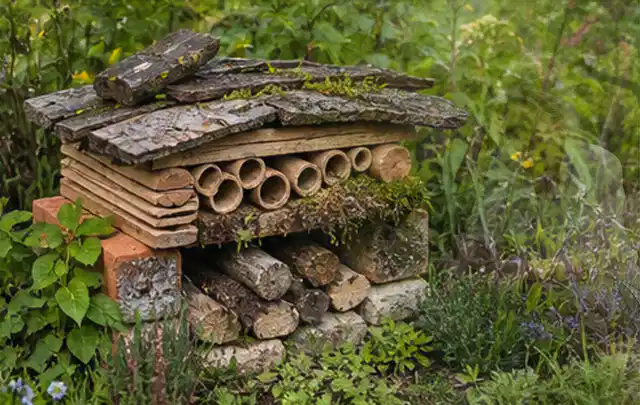 Naturnaher Unterschlupf aus Holz Rinde und Pflanzenstängeln im Garten; Thema Mediterraner Garten, Schwerpunkt Inspiration; Umsetzung.