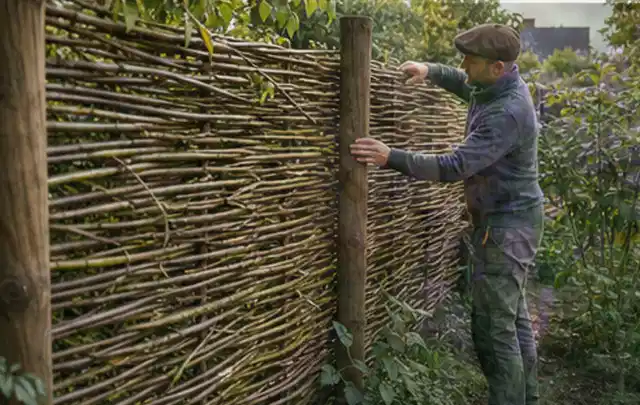 Person befestigt geflochtene Weidenruten an stabilen Holzpfosten im Garten; Thema Mediterraner Garten, Schwerpunkt Inspiration; Kontrolle.