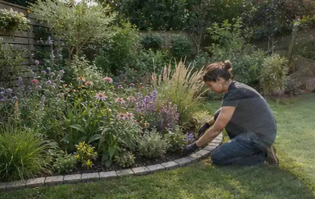 Person pflegt die klare Kante eines geschwungenen blühenden Staudenbeets; Thema Mediterraner Garten, Schwerpunkt Inspiration; Ergebnis.