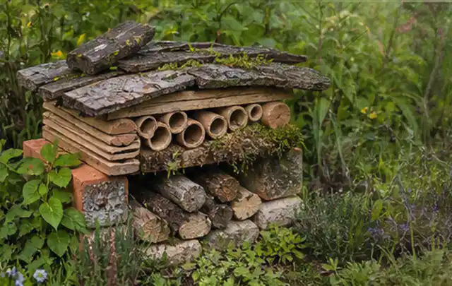 Naturnaher Unterschlupf aus Holz Rinde und Pflanzenstängeln im Garten; Thema Mediterraner Garten, Schwerpunkt Kosten; Kontrolle.