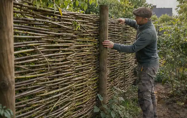 Person befestigt geflochtene Weidenruten an stabilen Holzpfosten im Garten; Thema Mediterraner Garten, Schwerpunkt Kosten; Ergebnis.