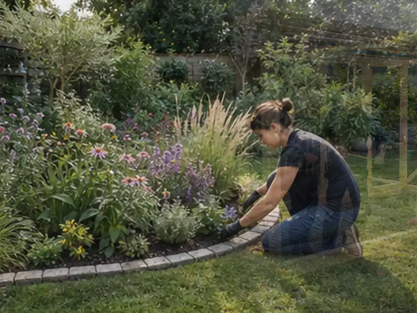 Person pflegt die klare Kante eines geschwungenen blühenden Staudenbeets; Thema Mediterraner Garten, Schwerpunkt Materialwahl; Titelbild.