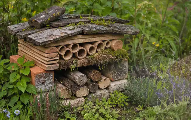 Naturnaher Unterschlupf aus Holz Rinde und Pflanzenstängeln im Garten; Thema Mediterraner Garten, Schwerpunkt Materialwahl; Umsetzung.