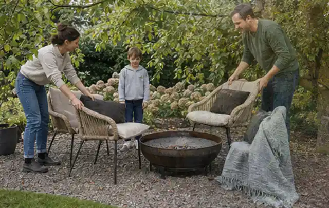 Familie stellt wetterfeste Sessel an einem geschützten Sitzplatz im Garten auf; Thema Mediterraner Garten, Schwerpunkt Materialwahl; Praxisalltag.