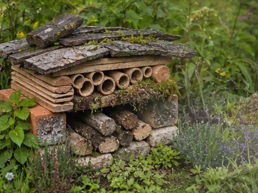Naturnaher Unterschlupf aus Holz Rinde und Pflanzenstängeln im Garten; Thema Mediterraner Garten, Schwerpunkt Naturgarten; Titelbild.