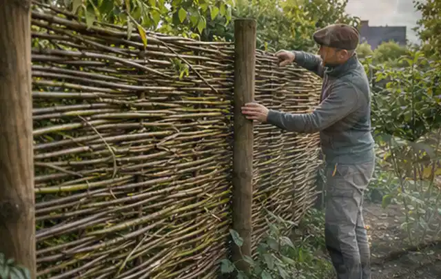 Person befestigt geflochtene Weidenruten an stabilen Holzpfosten im Garten; Thema Mediterraner Garten, Schwerpunkt Naturgarten; Ausgangslage.