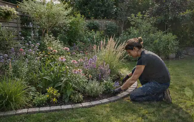 Person pflegt die klare Kante eines geschwungenen blühenden Staudenbeets; Thema Mediterraner Garten, Schwerpunkt Naturgarten; Ergebnis.