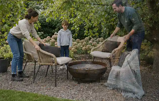 Familie stellt wetterfeste Sessel an einem geschützten Sitzplatz im Garten auf; Thema Mediterraner Garten, Schwerpunkt Naturgarten; Praxisalltag.