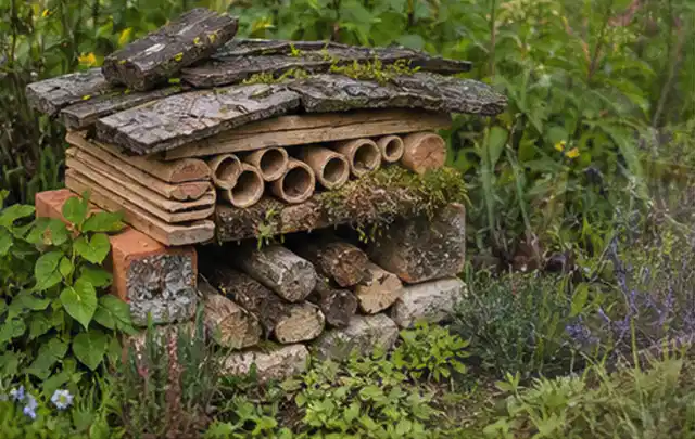 Naturnaher Unterschlupf aus Holz Rinde und Pflanzenstängeln im Garten; Thema Mediterraner Garten, Schwerpunkt Pflegeleichtigkeit; Ausgangslage.