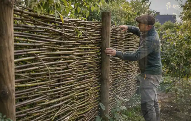 Person befestigt geflochtene Weidenruten an stabilen Holzpfosten im Garten; Thema Mediterraner Garten, Schwerpunkt Pflegeleichtigkeit; Umsetzung.