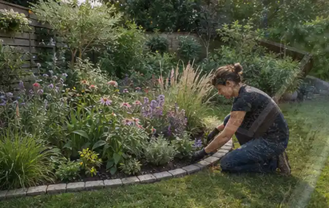 Person pflegt die klare Kante eines geschwungenen blühenden Staudenbeets; Thema Mediterraner Garten, Schwerpunkt Pflegeleichtigkeit; Ergebnis.