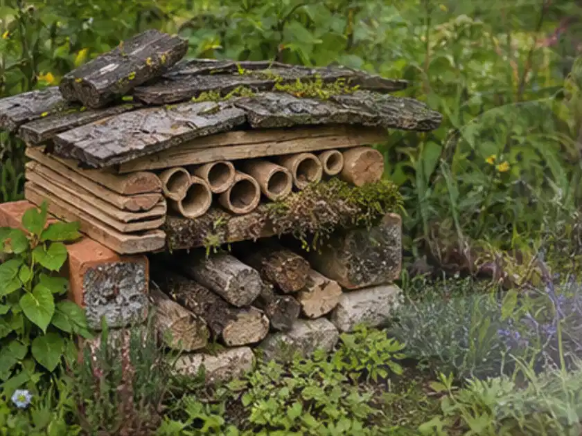 Naturnaher Unterschlupf aus Holz Rinde und Pflanzenstängeln im Garten; Thema Mediterraner Garten, Schwerpunkt Planung; Titelbild.