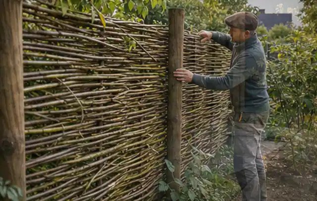 Person befestigt geflochtene Weidenruten an stabilen Holzpfosten im Garten; Thema Mediterraner Garten, Schwerpunkt Planung; Ausgangslage.