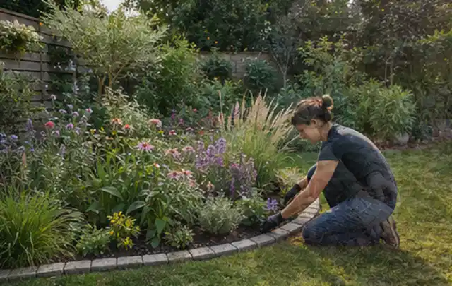 Person pflegt die klare Kante eines geschwungenen blühenden Staudenbeets; Thema Mediterraner Garten, Schwerpunkt Planung; Kontrolle.