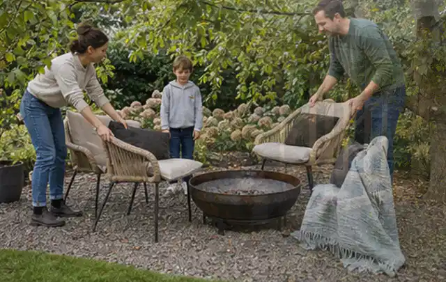 Familie stellt wetterfeste Sessel an einem geschützten Sitzplatz im Garten auf; Thema Mediterraner Garten, Schwerpunkt Planung; Praxisalltag.