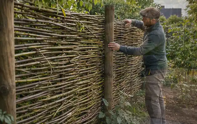 Person befestigt geflochtene Weidenruten an stabilen Holzpfosten im Garten; Thema Mediterraner Garten, Schwerpunkt Praxisbeispiele; Umsetzung.