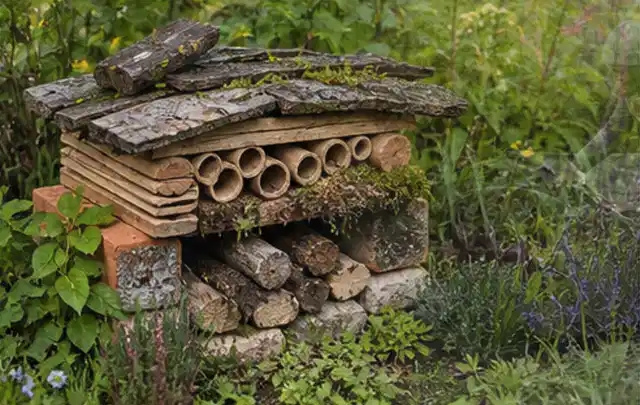 Naturnaher Unterschlupf aus Holz Rinde und Pflanzenstängeln im Garten; Thema Mediterraner Garten, Schwerpunkt Praxisbeispiele; Kontrolle.