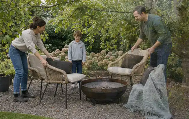 Familie stellt wetterfeste Sessel an einem geschützten Sitzplatz im Garten auf; Thema Mediterraner Garten, Schwerpunkt Praxisbeispiele; Ergebnis.