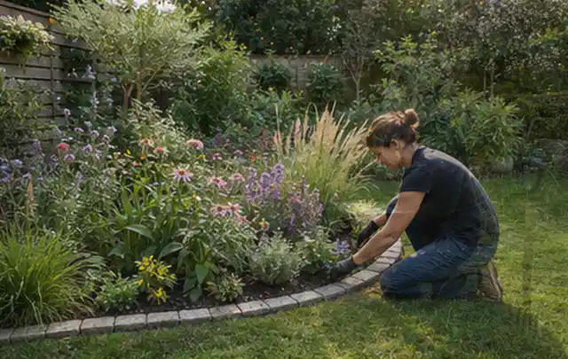 Person pflegt die klare Kante eines geschwungenen blühenden Staudenbeets; Thema Mediterraner Garten, Schwerpunkt Praxisbeispiele; Praxisalltag.