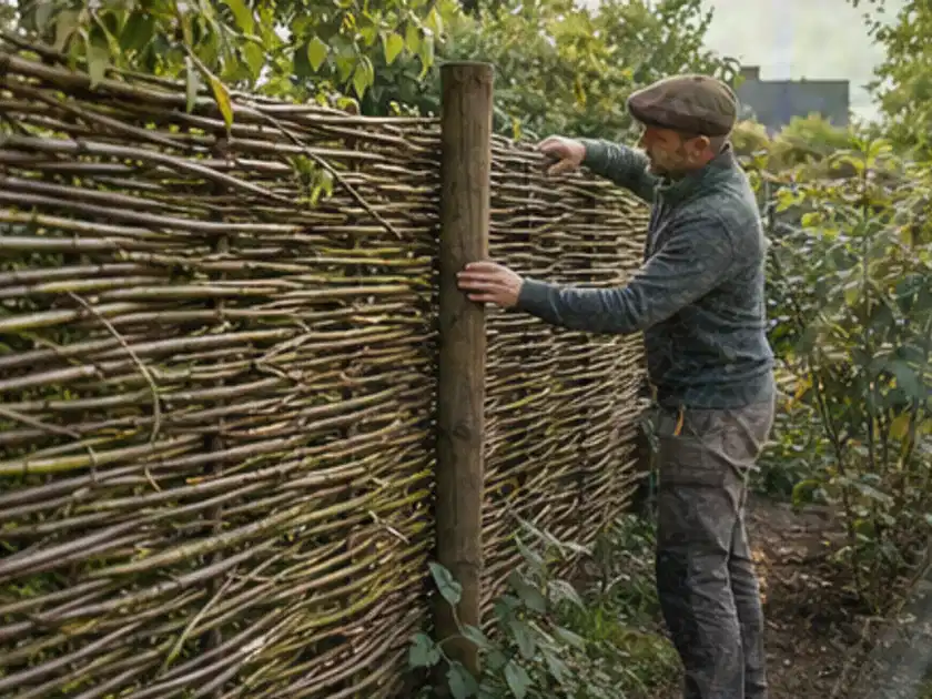 Person befestigt geflochtene Weidenruten an stabilen Holzpfosten im Garten; Thema Mediterraner Garten, Schwerpunkt Privatsphäre; Titelbild.