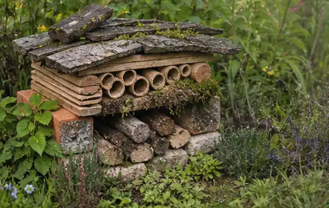 Naturnaher Unterschlupf aus Holz Rinde und Pflanzenstängeln im Garten; Thema Mediterraner Garten, Schwerpunkt Privatsphäre; Umsetzung.