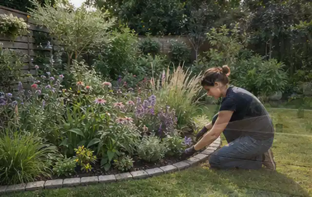 Person pflegt die klare Kante eines geschwungenen blühenden Staudenbeets; Thema Mediterraner Garten, Schwerpunkt Privatsphäre; Ergebnis.