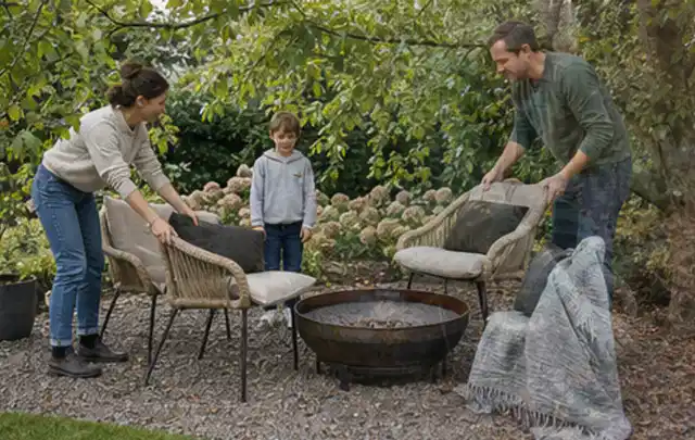 Familie stellt wetterfeste Sessel an einem geschützten Sitzplatz im Garten auf; Thema Mediterraner Garten, Schwerpunkt Wegeführung; Ausgangslage.