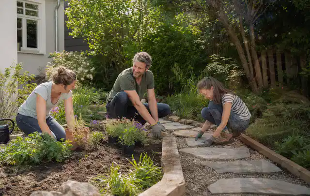 Familie geht auf einem Weg durch einen abwechslungsreich gestalteten Garten; Thema Mediterraner Garten, Schwerpunkt Wegeführung; Kontrolle.