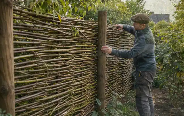 Person befestigt geflochtene Weidenruten an stabilen Holzpfosten im Garten; Thema Mediterraner Garten, Schwerpunkt Wegeführung; Ergebnis.