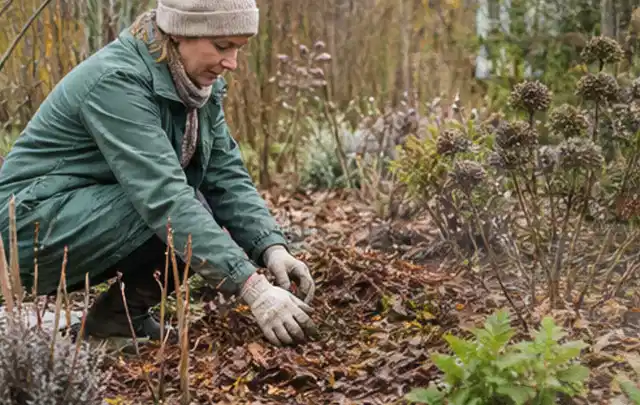 Person verteilt eine schützende Mulchschicht zwischen winterlichen Stauden; Thema Mehltau, Schwerpunkt Biologie; Umsetzung.