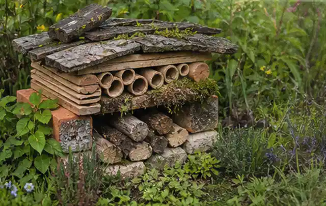 Naturnaher Unterschlupf aus Holz Rinde und Pflanzenstängeln im Garten; Thema Mehltau, Schwerpunkt Biologie; Ergebnis.