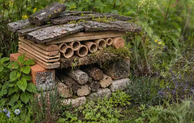 Naturnaher Unterschlupf aus Holz Rinde und Pflanzenstängeln im Garten; Thema Mehltau, Schwerpunkt Fehlerhilfe; Kontrolle.