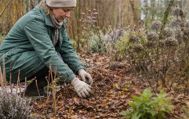 Person verteilt eine schützende Mulchschicht zwischen winterlichen Stauden; Thema Mehltau, Schwerpunkt Gewächshaus; Kontrolle.