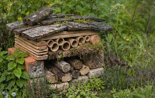 Naturnaher Unterschlupf aus Holz Rinde und Pflanzenstängeln im Garten; Thema Mehltau, Schwerpunkt Giftfreie Hilfe; Umsetzung.