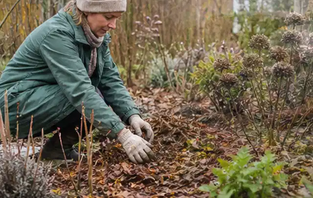 Person verteilt eine schützende Mulchschicht zwischen winterlichen Stauden; Thema Mehltau, Schwerpunkt Giftfreie Hilfe; Kontrolle.