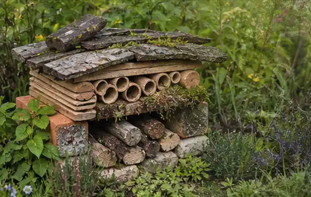 Naturnaher Unterschlupf aus Holz Rinde und Pflanzenstängeln im Garten; Thema Mehltau, Schwerpunkt Hausmittel; Kontrolle.