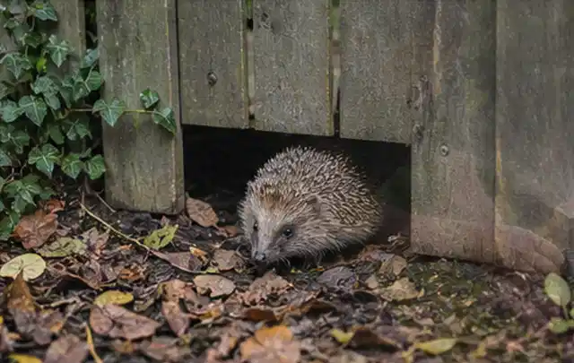 Igel nutzt einen bodennahen Durchgang unter einem hölzernen Gartenzaun; Thema Mehltau, Schwerpunkt Hausmittel; Ergebnis.
