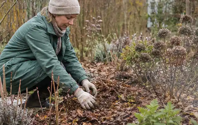 Person verteilt eine schützende Mulchschicht zwischen winterlichen Stauden; Thema Mehltau, Schwerpunkt Natürliche Bekämpfung; Kontrolle.