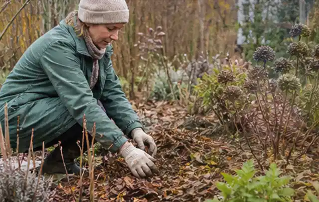 Person verteilt eine schützende Mulchschicht zwischen winterlichen Stauden; Thema Mehltau, Schwerpunkt Schadbild; Ergebnis.