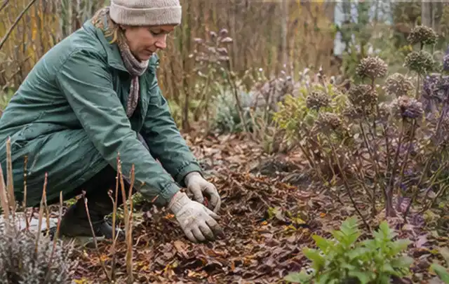 Person verteilt eine schützende Mulchschicht zwischen winterlichen Stauden; Thema Mehltau, Schwerpunkt Schädlinge Krankheiten; Umsetzung.