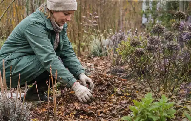 Person verteilt eine schützende Mulchschicht zwischen winterlichen Stauden; Thema Mehltau, Schwerpunkt Ursachen; Ausgangslage.