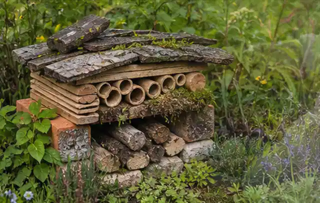 Naturnaher Unterschlupf aus Holz Rinde und Pflanzenstängeln im Garten; Thema Mehltau, Schwerpunkt Vorbeugung; Ergebnis.