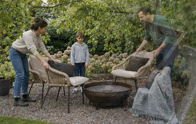 Familie stellt wetterfeste Sessel an einem geschützten Sitzplatz im Garten auf; Thema Metallzäune, Schwerpunkt Aufbau; Kontrolle.