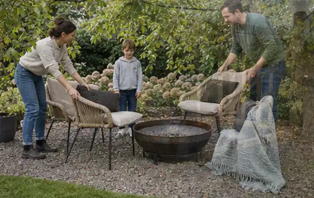 Familie stellt wetterfeste Sessel an einem geschützten Sitzplatz im Garten auf; Thema Metallzäune, Schwerpunkt Baurecht; Umsetzung.