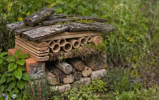 Naturnaher Unterschlupf aus Holz Rinde und Pflanzenstängeln im Garten; Thema Metallzäune, Schwerpunkt Baurecht; Kontrolle.