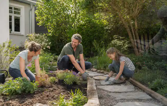 Familie geht auf einem Weg durch einen abwechslungsreich gestalteten Garten; Thema Metallzäune, Schwerpunkt Baurecht; Ergebnis.