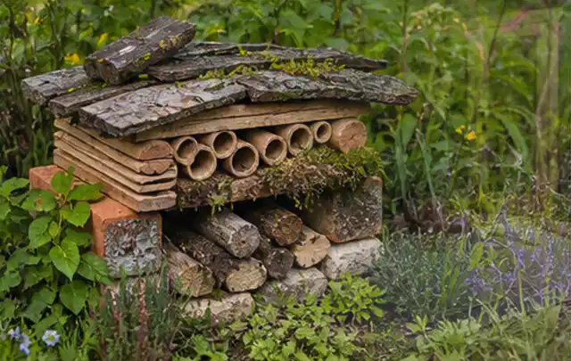 Naturnaher Unterschlupf aus Holz Rinde und Pflanzenstängeln im Garten; Thema Metallzäune, Schwerpunkt Checkliste; Ausgangslage.